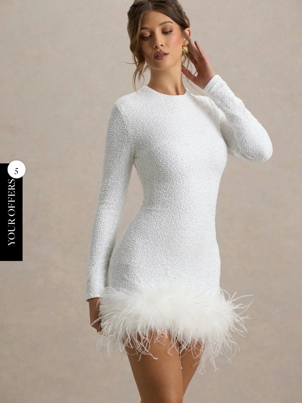 Club L London White Long-Sleeve Feather-Trim Mini Dress